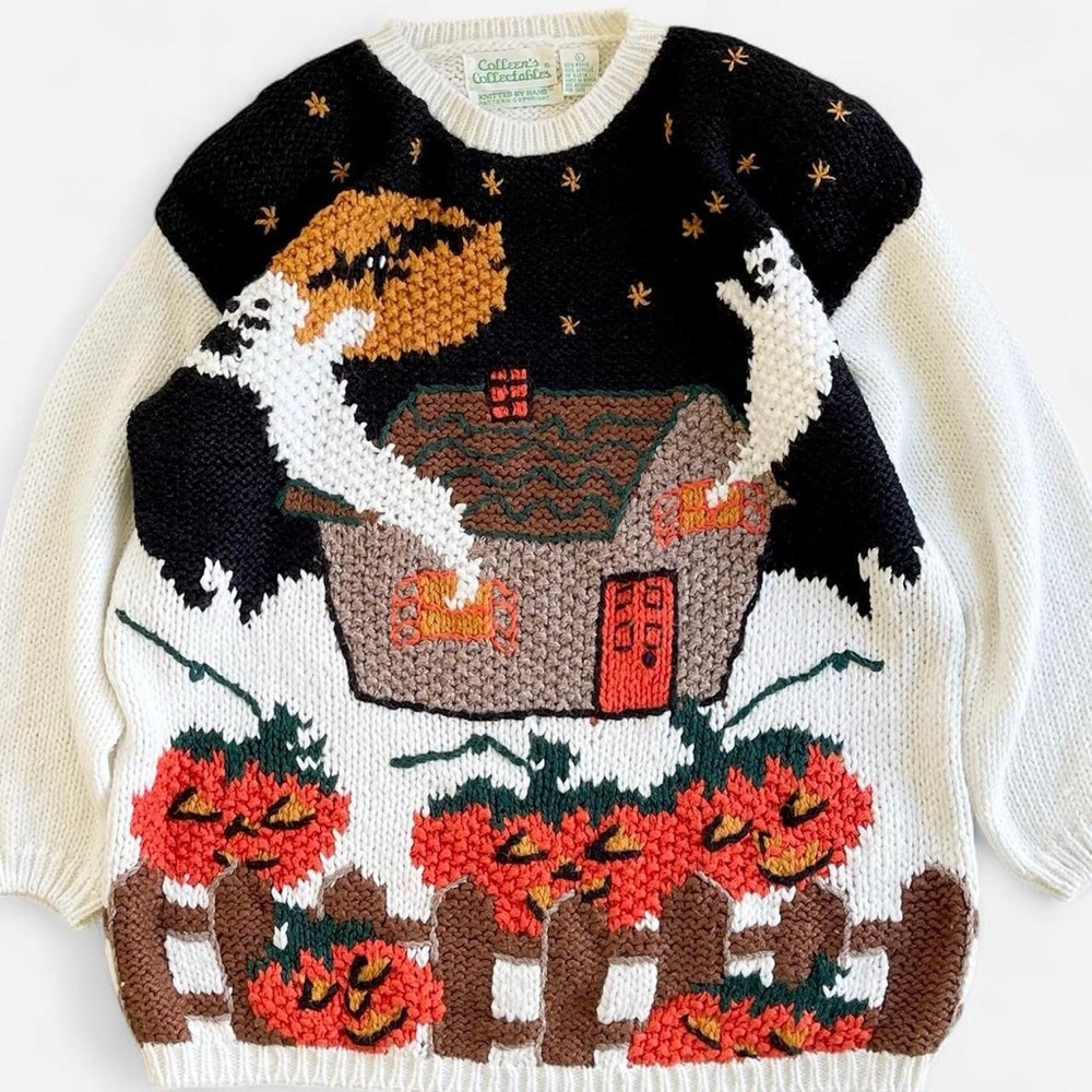 Vintage Colleen’s Collectables Knit Halloween Pumpkins Haunted House Sweater